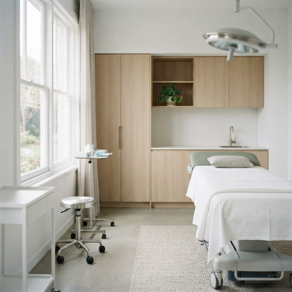 A calm, modern office-based surgical treatment room at Sereva Surgical Clinic
