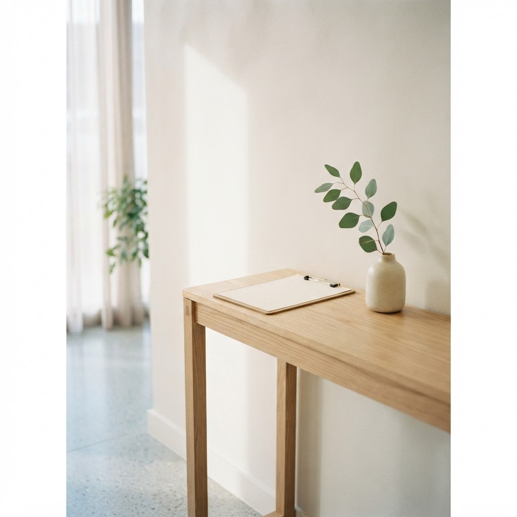 A calm clinic reception corner with a clipboard and a eucalyptus sprig